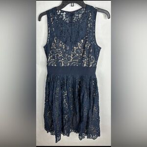 Eliza J Womens Dress 6 Blue Tan Floral A Line Lace Lined Sleeveless Round Neck